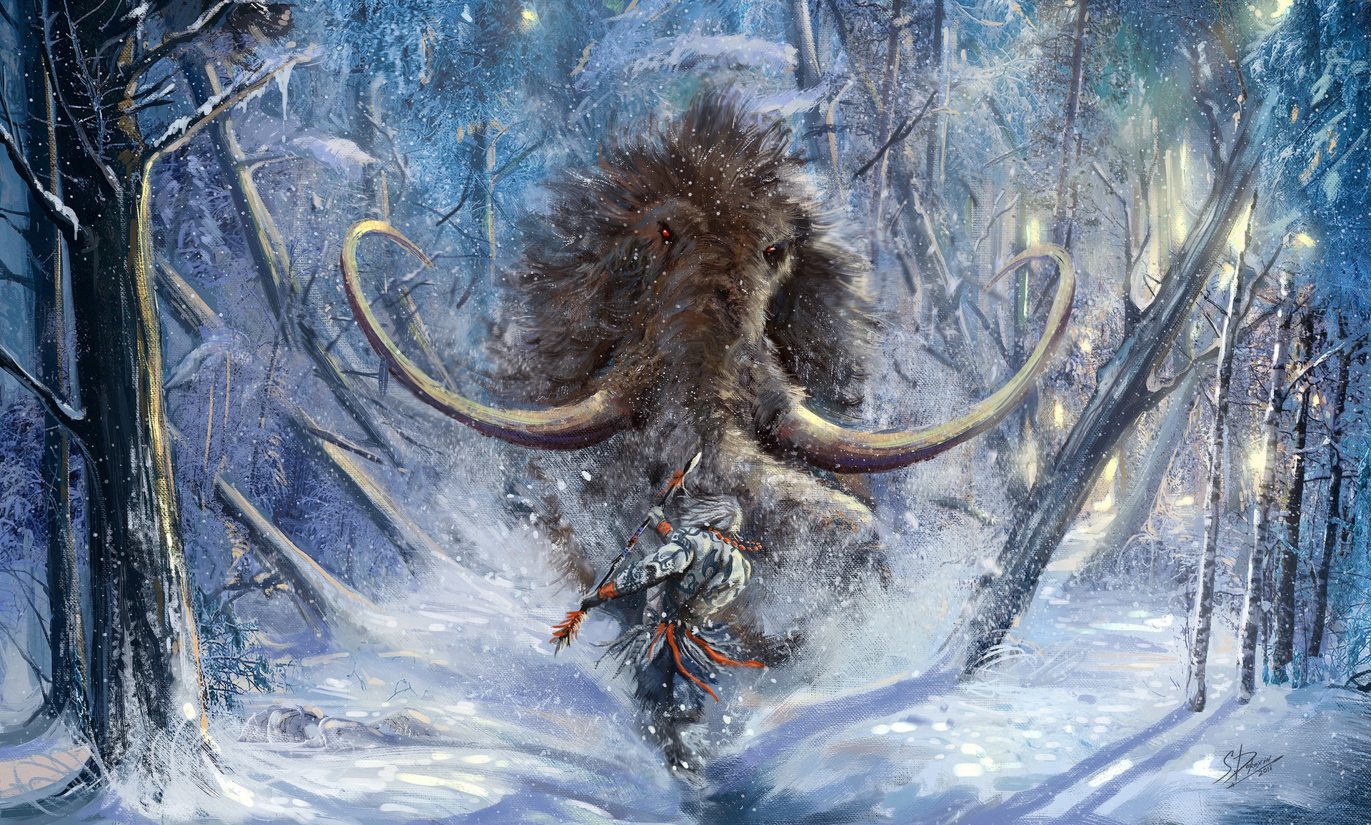 Tribal warrior fighting a woolly mammoth in the snow by Sergei Dorokhin