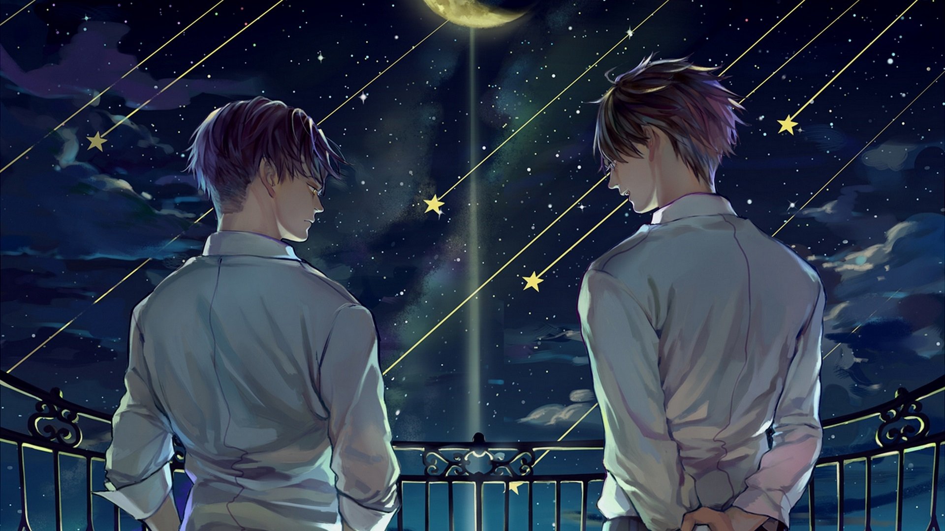 HD anime desktop wallpaper featuring Levi Ackerman and Eren Yeager from Attack on Titan standing under a starry night sky with a bright full moon.