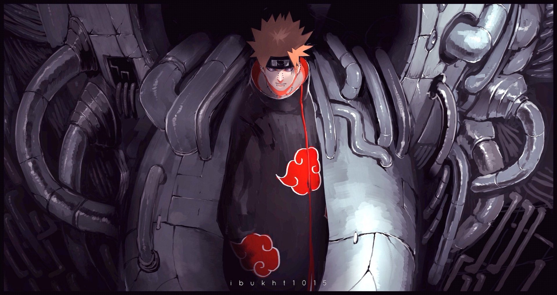 HD anime desktop wallpaper featuring Yahiko from Naruto standing in front of a mechanical background with Pain's Akatsuki cloak and red cloud symbols.