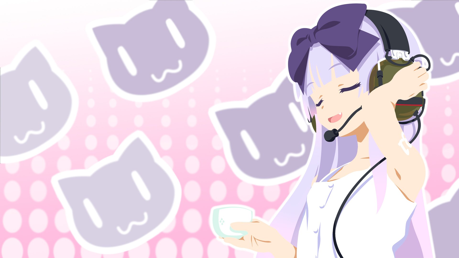 Anime Os-tan HD PC desktop wallpaper and background — purple‑haired Os-tan with headset and bow, holding a teacup, eyes closed against a pink backdrop patterned with stylized cat faces.