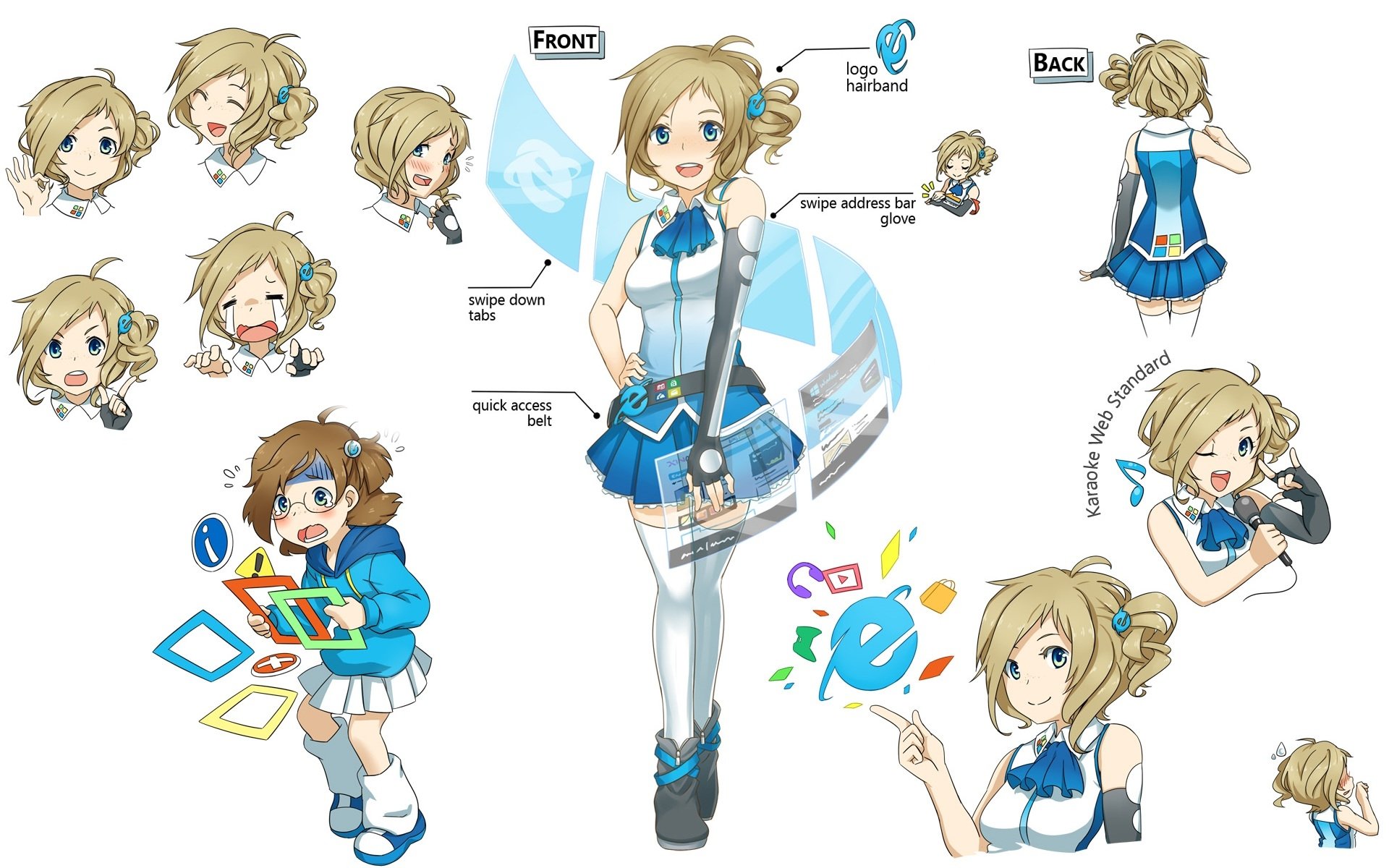 HD anime-style Os-tan character sheet featuring various expressions and poses, designed as a PC desktop wallpaper and background with a tech-inspired theme.