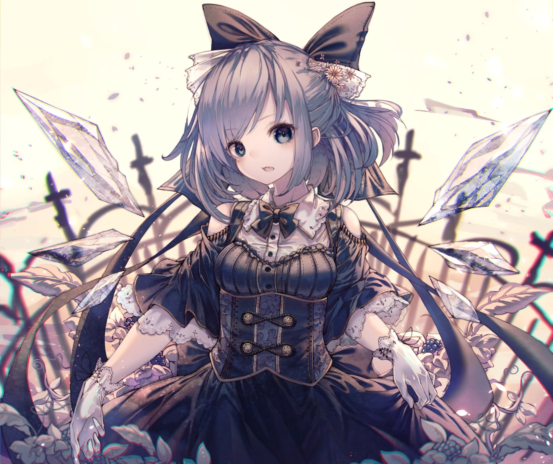 Cirno (Touhou) anime portrait in gothic lolita dress with floating ice shards and cross motifs, soft pastel tones — 2K Quad HD PC desktop wallpaper/background.