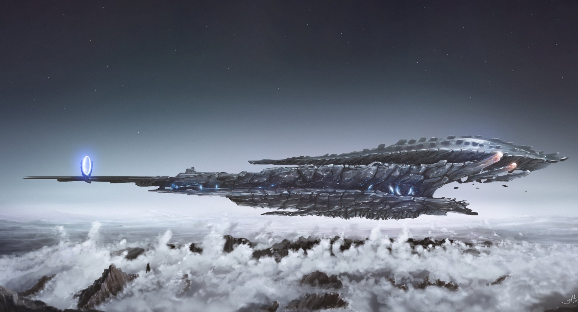 HD sci-fi desktop wallpaper featuring a detailed spaceship hovering above clouds against a dark, atmospheric sky.