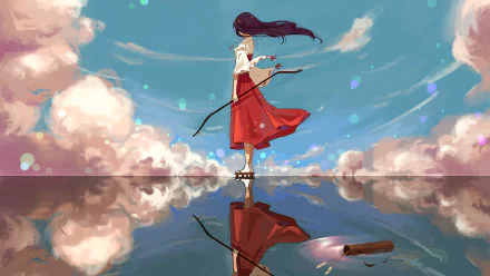 Kikyô from InuYasha stands gracefully on a reflective water surface beneath a vivid blue sky with clouds in this 4K Ultra HD anime desktop wallpaper.