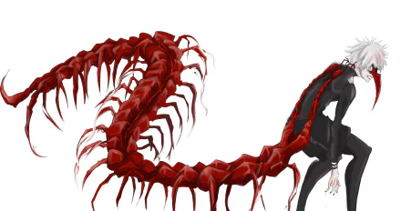 4K Ultra HD anime wallpaper featuring Ken Kaneki from Tokyo Ghoul with a striking red centipede extending from his back on a clean white background.