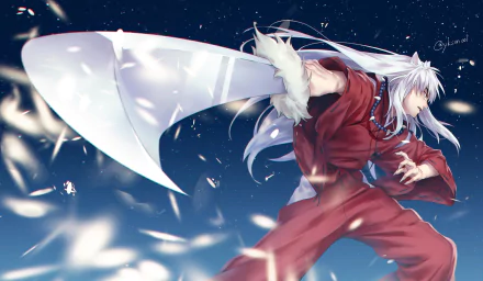 HD PC desktop wallpaper featuring InuYasha in dynamic motion against a starry night sky, with flowing white hair and feathers accentuating the anime style.