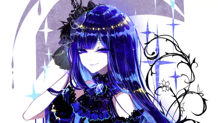 Lapis Lazuli (Land of the Lustrous) with glossy deep-blue hair and ornate black-blue dress, gem accents and starry white background — 4K Ultra HD anime PC desktop wallpaper.