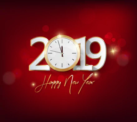 2019 Happy New Year celebration design with a clock integrated into the number 0 on a red background, rendered in 4K Ultra HD for PC desktop wallpaper.