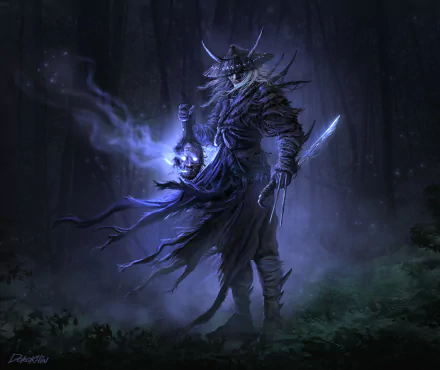 A dark fantasy HD wallpaper depicts a menacing samurai warrior holding a glowing skull, sword drawn, standing in a misty, shadowed forest.
