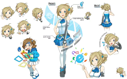 HD anime-style Os-tan character sheet featuring various expressions and poses, designed as a PC desktop wallpaper and background with a tech-inspired theme.
