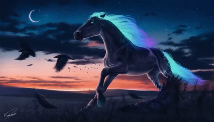 A stunning HD wallpaper depicting a fantasy scene with a glowing-maned horse running at night under the crescent moon, accompanied by crows flying nearby against a vibrant twilight sky.