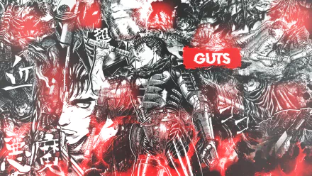 HD PC desktop wallpaper featuring Guts from the anime Berserk (2016), showcasing dynamic black, white, and red artwork with intense, detailed character illustrations.