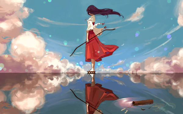Kikyô from InuYasha stands gracefully on a reflective water surface beneath a vivid blue sky with clouds in this 4K Ultra HD anime desktop wallpaper.