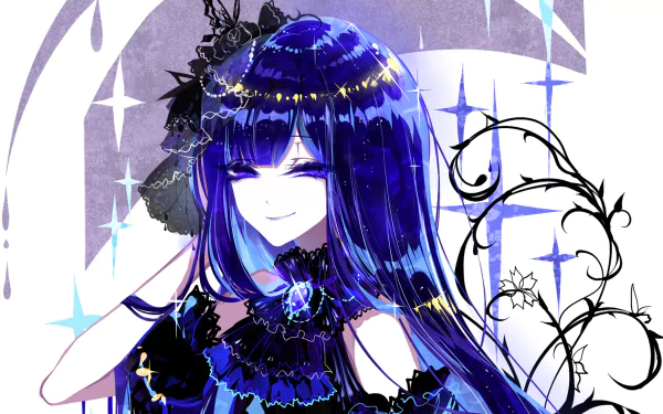 Lapis Lazuli (Land of the Lustrous) with glossy deep-blue hair and ornate black-blue dress, gem accents and starry white background — 4K Ultra HD anime PC desktop wallpaper.