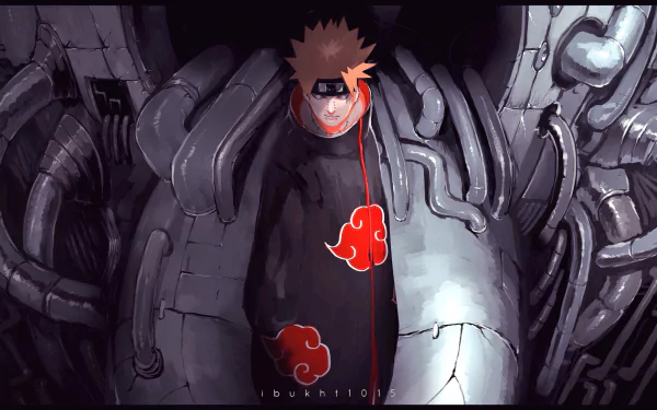 HD anime desktop wallpaper featuring Yahiko from Naruto standing in front of a mechanical background with Pain's Akatsuki cloak and red cloud symbols.