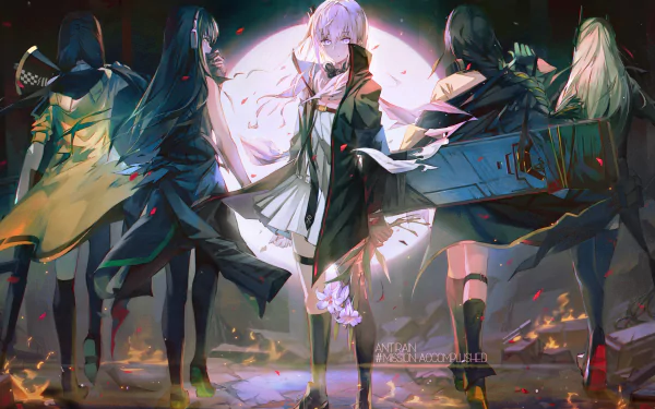 HD wallpaper featuring M4 Sopmod II, M16A1, M4A1, RO635, and ST AR-15 from the video game Girls Frontline, standing together against a dramatic background.