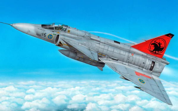 HD PC desktop wallpaper of a Saab 37 Viggen military jet fighter — warplane aircraft soaring above clouds with a red-tailed emblem.