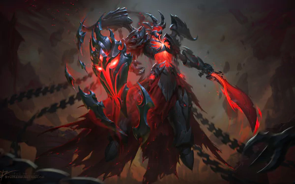 HD PC desktop wallpaper featuring Ares, the warrior from the video game Smite, depicted in dark armor with glowing red accents and wielding fiery weapons.