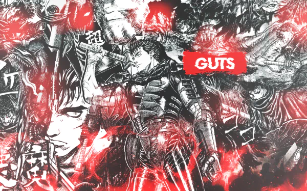 HD PC desktop wallpaper featuring Guts from the anime Berserk (2016), showcasing dynamic black, white, and red artwork with intense, detailed character illustrations.