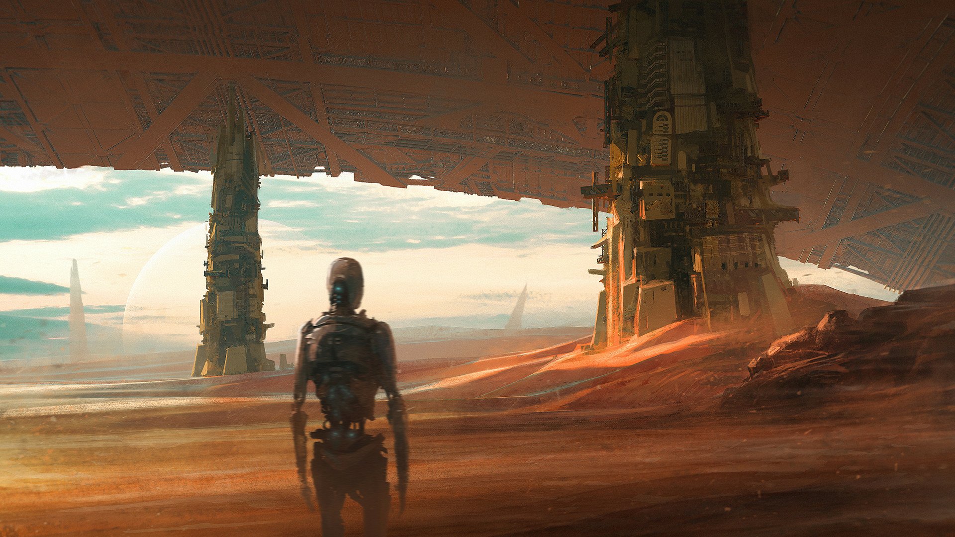 Futuristic sci-fi HD desktop wallpaper featuring a lone robot standing in a vast desert with towering, sand-covered structures under a bright sky.