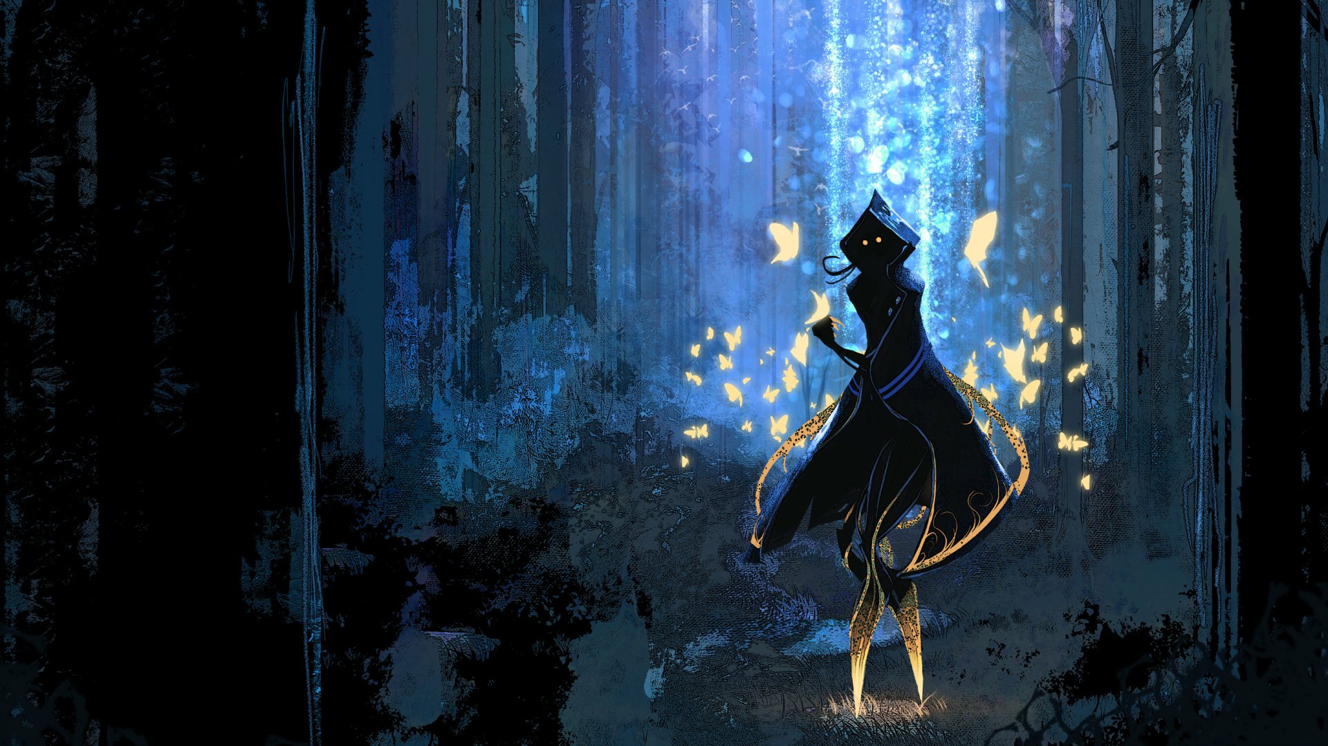 A fantasy-themed HD PC desktop wallpaper featuring a woman surrounded by glowing butterflies in a mystical, dark blue forest setting.