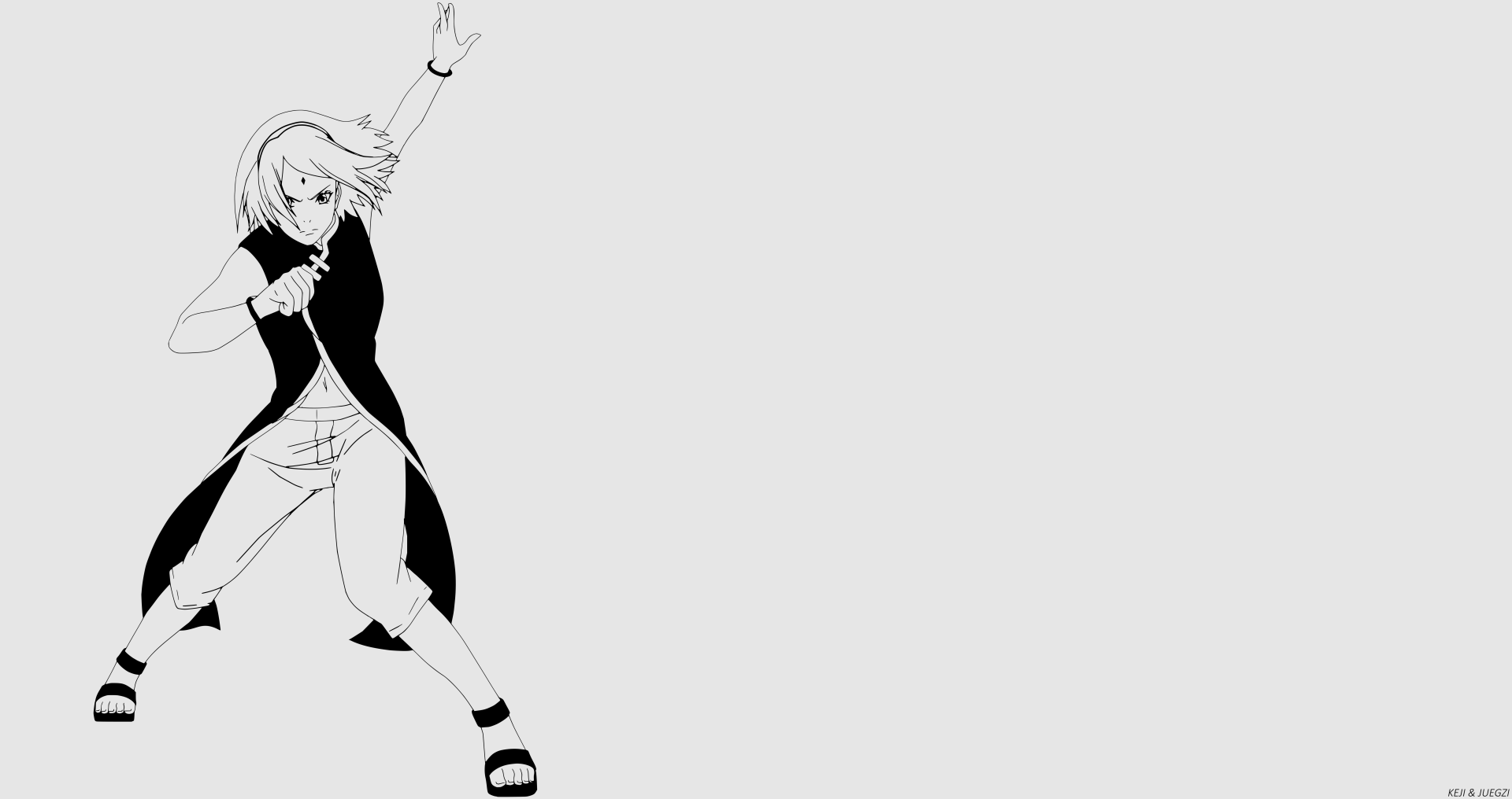 Minimalist 8K Ultra HD PC wallpaper of Sakura Haruno (short hair) from Boruto — monochrome anime figure striking a dynamic pose at left with wide pale negative space.