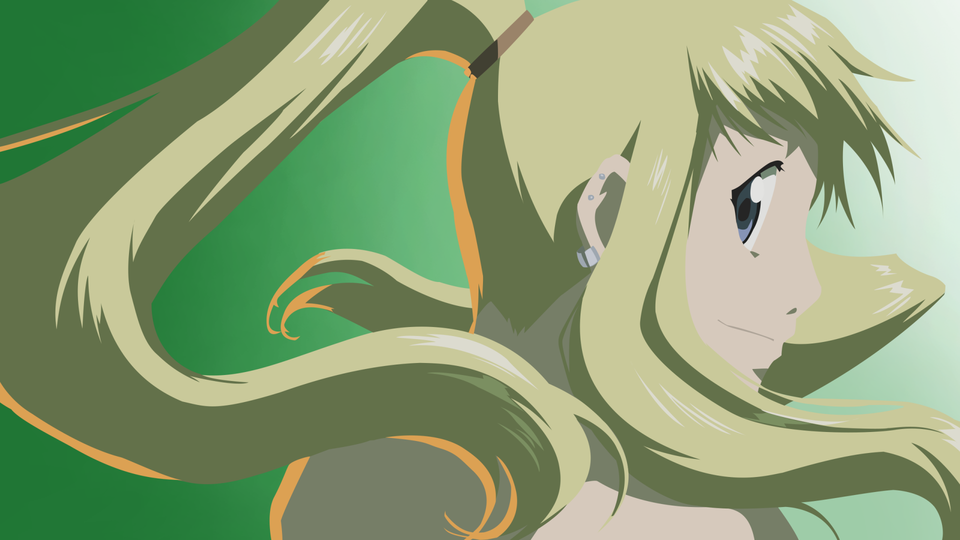 Winry Rockbell from Fullmetal Alchemist in anime style — 2K Quad HD PC desktop wallpaper showing her side profile with long flowing blonde hair on a green background.