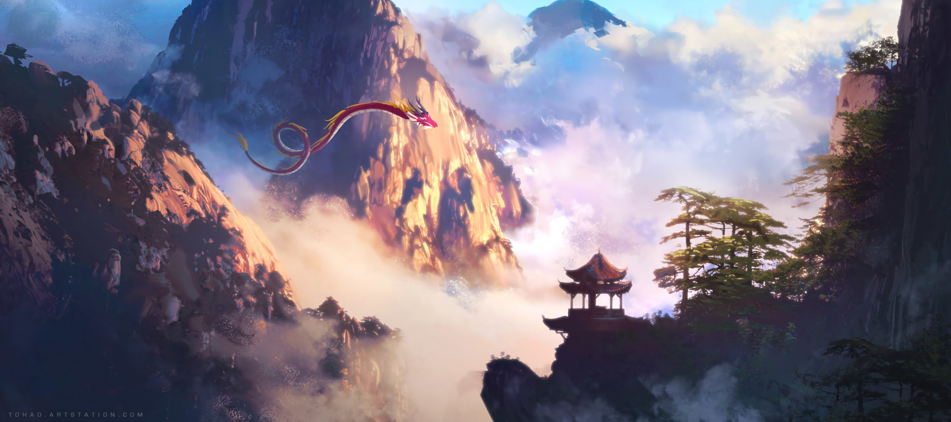 A fantasy HD PC desktop wallpaper depicting a majestic dragon soaring above misty mountains with a traditional pagoda perched on a cliff.
