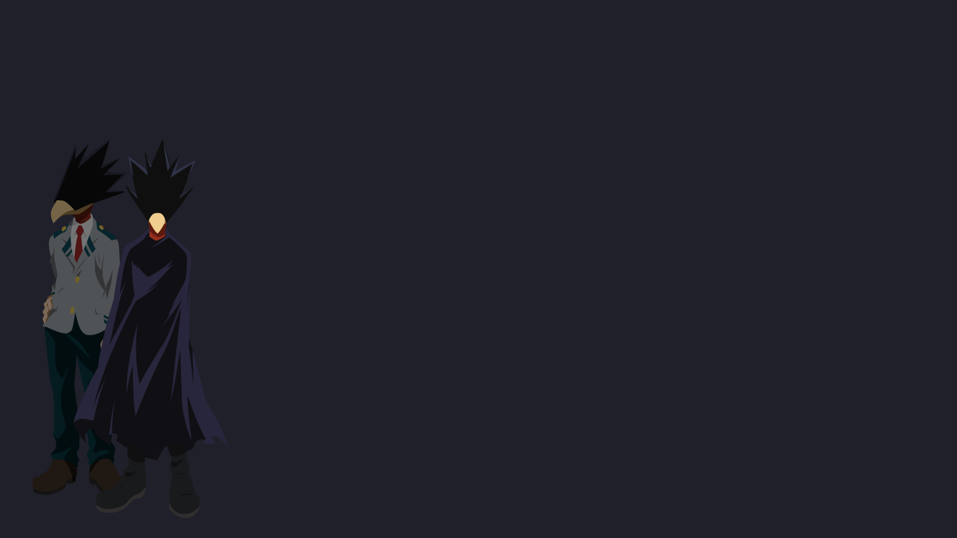 Minimalist anime 2K Quad HD PC desktop wallpaper of Fumikage Tokoyami (My Hero Academia), shadowy figure and Dark Shadow at left against a deep charcoal background.