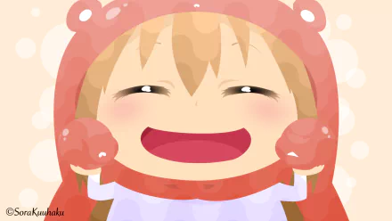 Umaru Doma (Himouto! Umaru-chan) beaming with a wide grin in her orange hamster hoodie — bright HD anime PC desktop wallpaper.