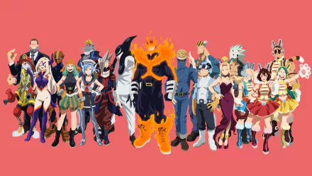 4K Ultra HD My Hero Academia anime wallpaper featuring a vibrant lineup of heroic and villainous characters against a solid red background.
