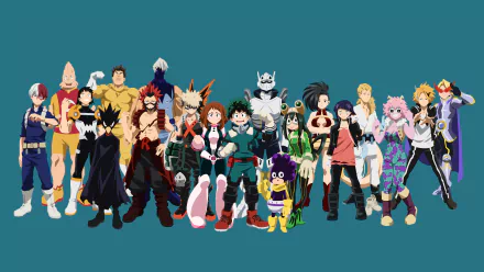 HD desktop wallpaper featuring a group of characters from the anime My Hero Academia against a teal background.