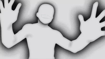 Monochrome silhouette of Truth from Fullmetal Alchemist with outstretched hands on a grainy gray background — 2K Quad HD anime PC desktop wallpaper/background