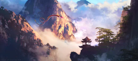 A fantasy HD PC desktop wallpaper depicting a majestic dragon soaring above misty mountains with a traditional pagoda perched on a cliff.
