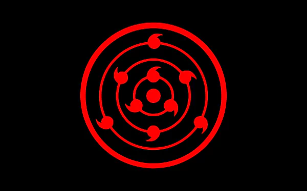 Minimalist HD desktop wallpaper featuring the Infinite Tsukuyomi's Rinne Sharingan from the anime Naruto, set against a black background.