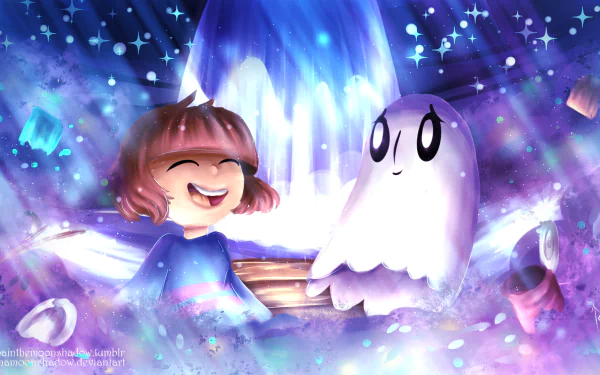 HD PC desktop wallpaper featuring Frisk and Napstablook from the video game Undertale, surrounded by glowing crystals and stars in a vibrant, magical setting.