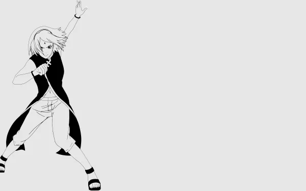 Minimalist 8K Ultra HD PC wallpaper of Sakura Haruno (short hair) from Boruto — monochrome anime figure striking a dynamic pose at left with wide pale negative space.