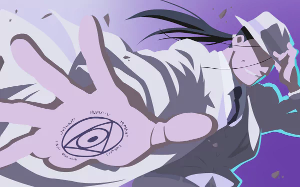 Solf J. Kimblee (Fullmetal Alchemist) reaching toward viewer, transmutation circle on his palm, stylized anime in purple tones — 2K Quad HD PC desktop wallpaper/background.