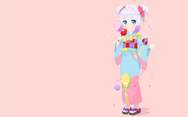 Kanna Kamui from Miss Kobayashi's Dragon Maid in a colorful kimono, set against a soft pink background, 4K Ultra HD anime desktop wallpaper.