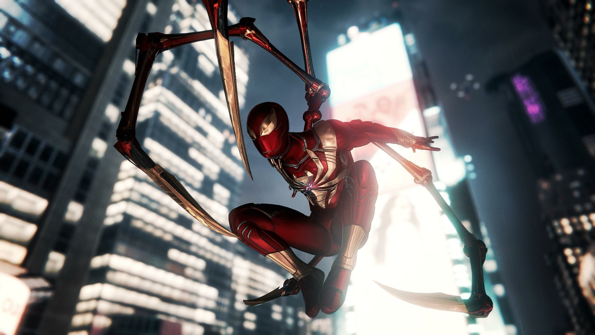 Iron-Spider from Spider-Man (PS4) swings through a cityscape in this 4K Ultra HD video game desktop wallpaper.