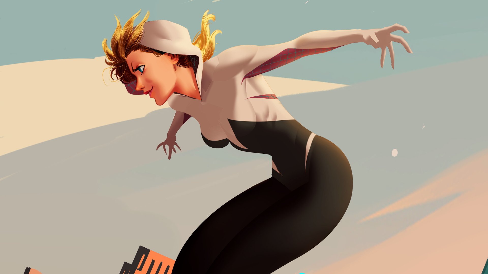 HD PC desktop wallpaper featuring Spider-Gwen with blonde hair and striking blue eyes in a dynamic comic-style pose against a cityscape background.