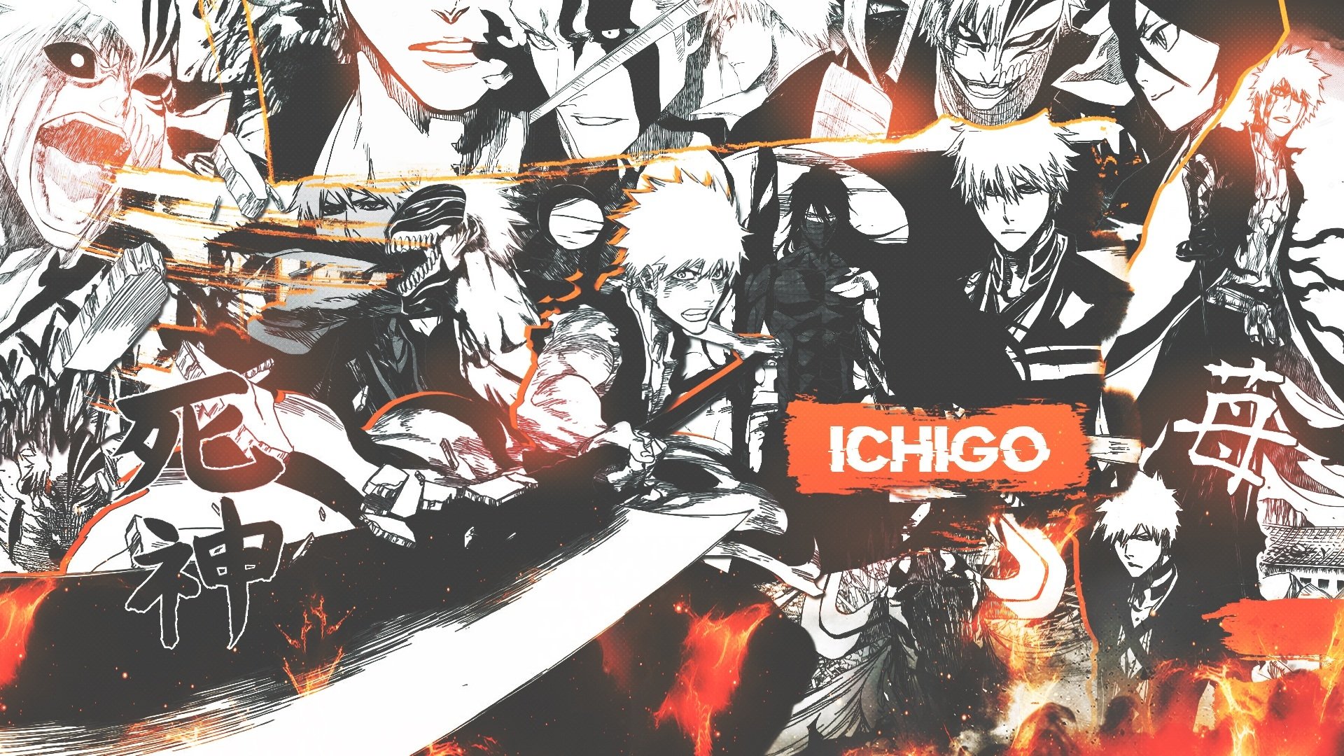 HD desktop wallpaper featuring Ichigo Kurosaki from the anime Bleach. The dynamic collage showcases various intense and action-oriented scenes involving Ichigo.