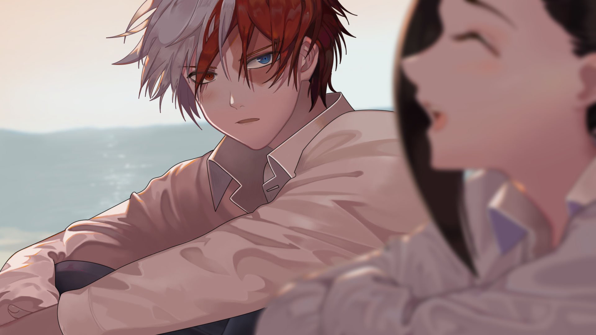 HD PC desktop wallpaper featuring anime characters Momo Yaoyorozu and Shoto Todoroki from My Hero Academia in a serene, close-up scene.