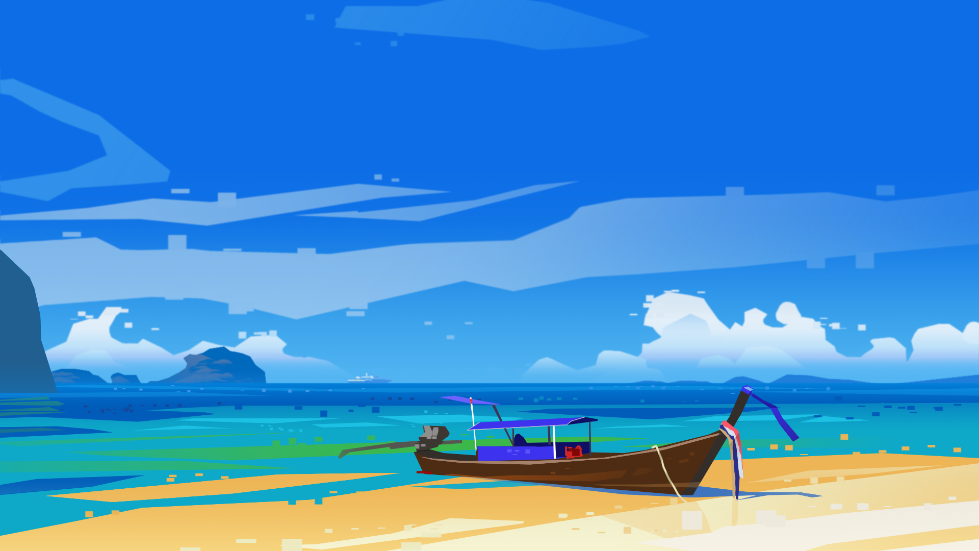 Artistic HD desktop wallpaper of a boat resting on a sandy shore with a vibrant blue sea and sky in the background.