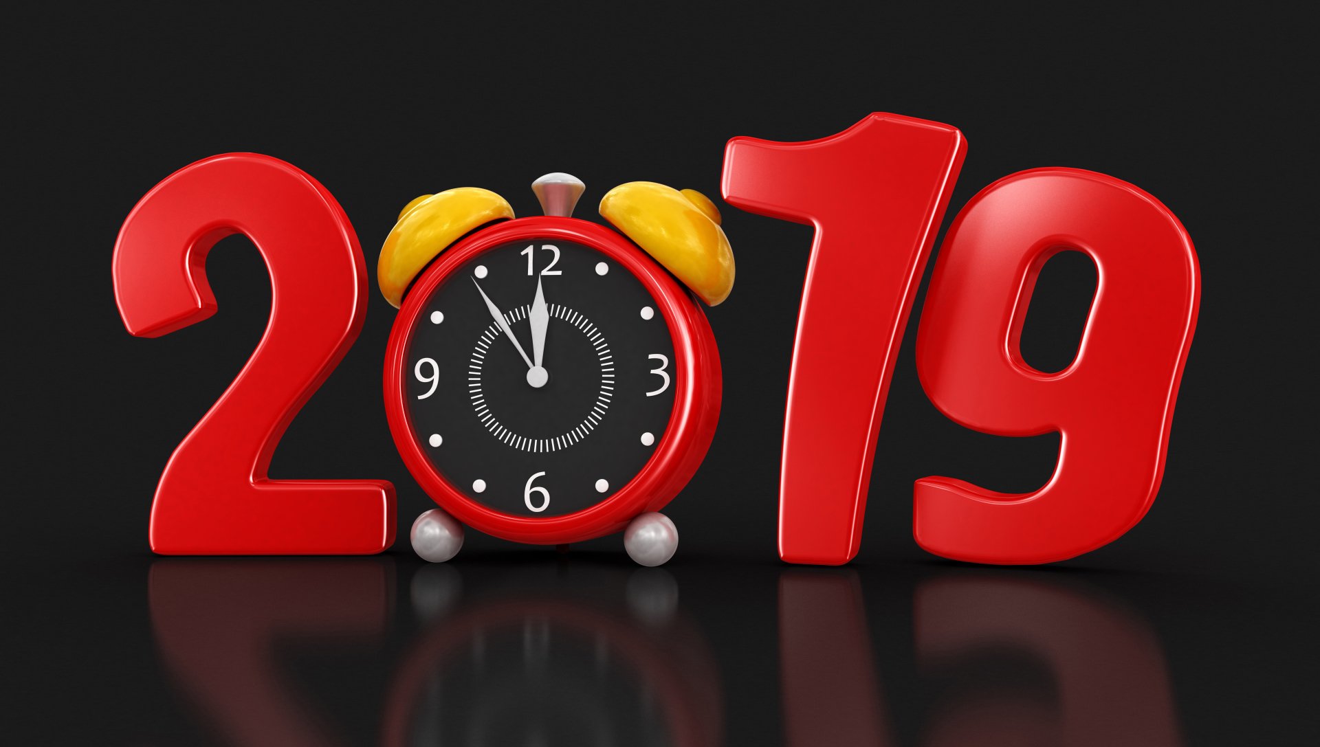 Holiday New Year 2019 8K Ultra HD PC desktop wallpaper: red 2019 numerals on a black background, the 0 as an alarm clock with yellow bells showing midnight, glossy reflection.