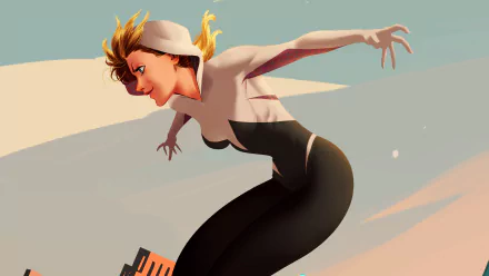 HD PC desktop wallpaper featuring Spider-Gwen with blonde hair and striking blue eyes in a dynamic comic-style pose against a cityscape background.