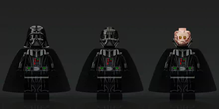 HD desktop wallpaper featuring three LEGO minifigures of Darth Vader and Anakin Skywalker with detailed black armor and cape against a dark background.