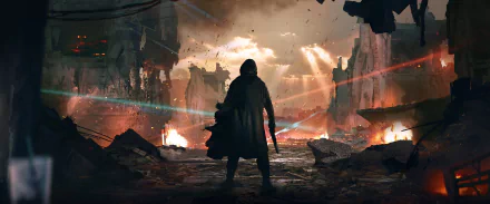 A lone figure stands amidst rubble in a dramatic Sci-Fi battle scene from Destiny 2, depicted in an HD PC desktop wallpaper background.