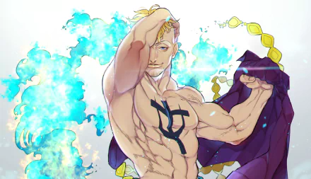 HD PC desktop wallpaper of Marco (One Piece) — anime-style shirtless, muscular Marco amid blue phoenix flames, black chest mark and purple cloak, striking a confident pose.