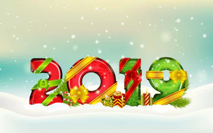 HD PC desktop wallpaper featuring colorful 2019 numbers decorated with holiday gift ribbons and bows on a snowy background, celebrating the New Year 2019.